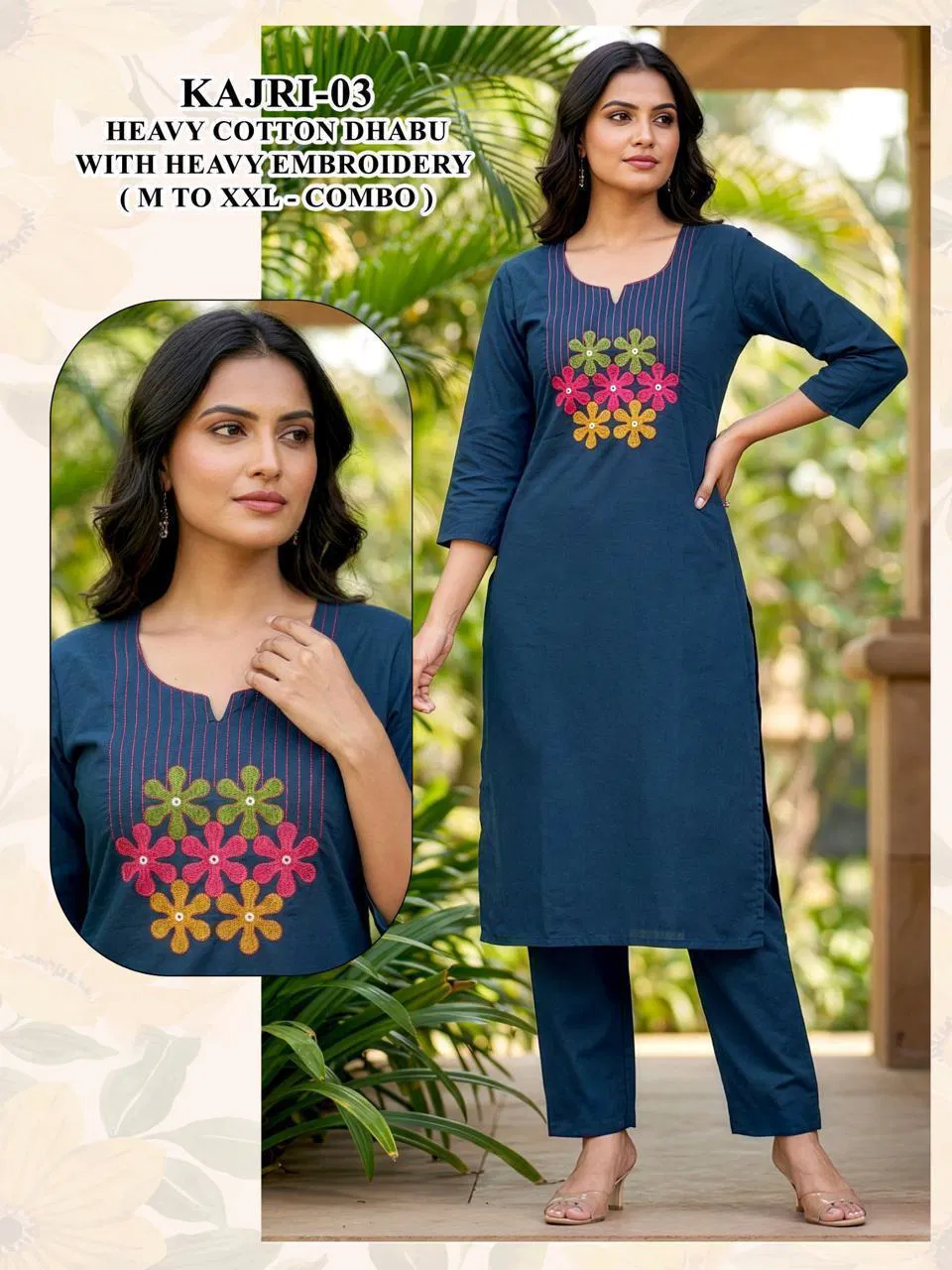 Kajri Vol 1 Dhabu Cotton Embroidery Kurti And Bottom Collection