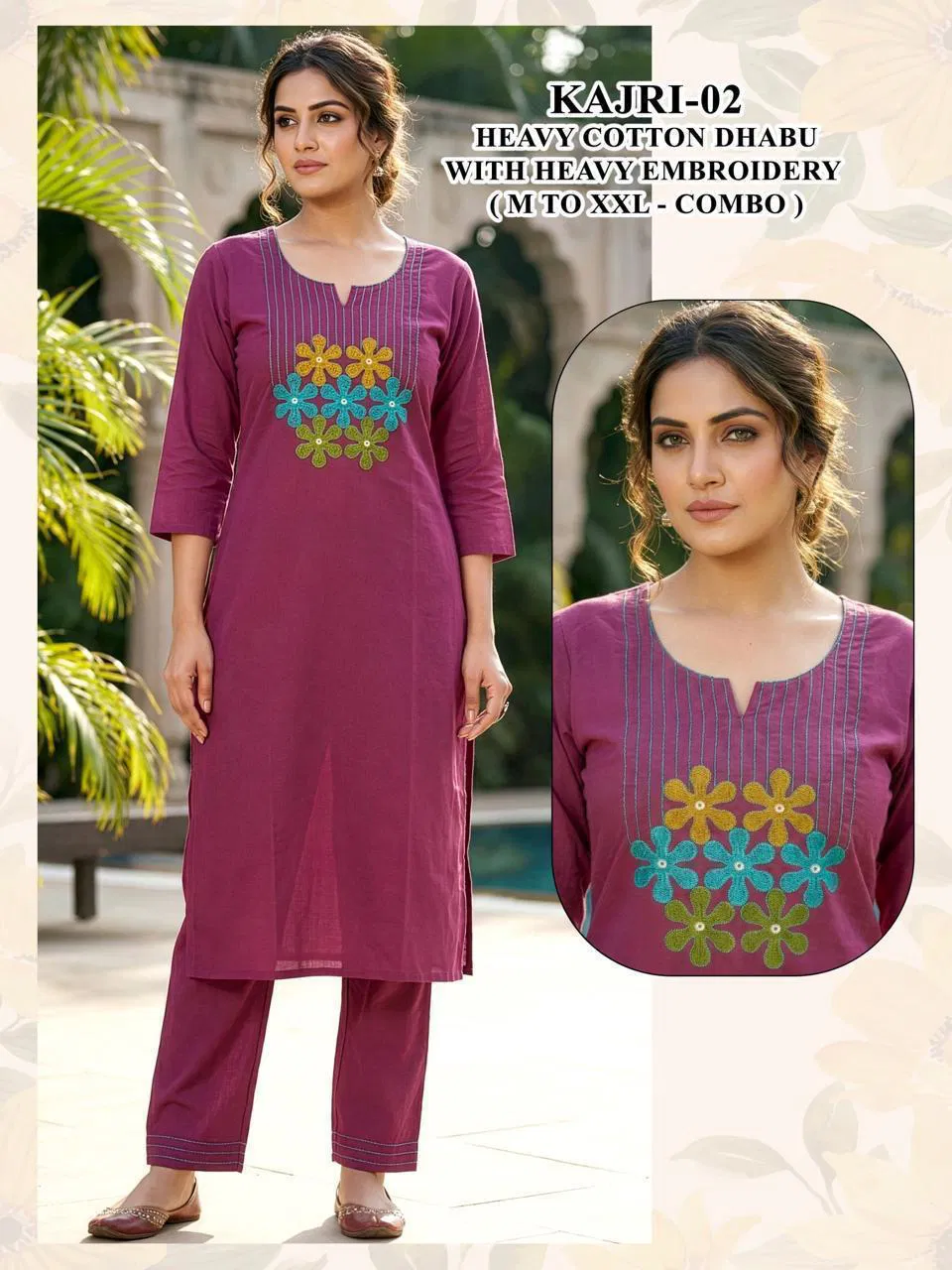 Kajri Vol 1 Dhabu Cotton Embroidery Kurti And Bottom Collection