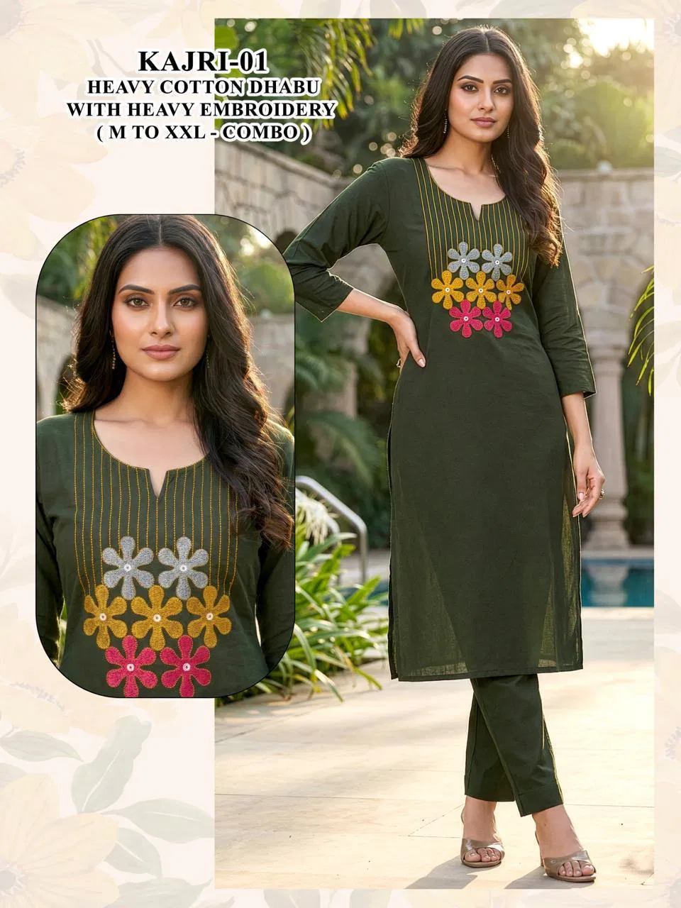 Kajri Vol 1 Dhabu Cotton Embroidery Kurti And Bottom Collection