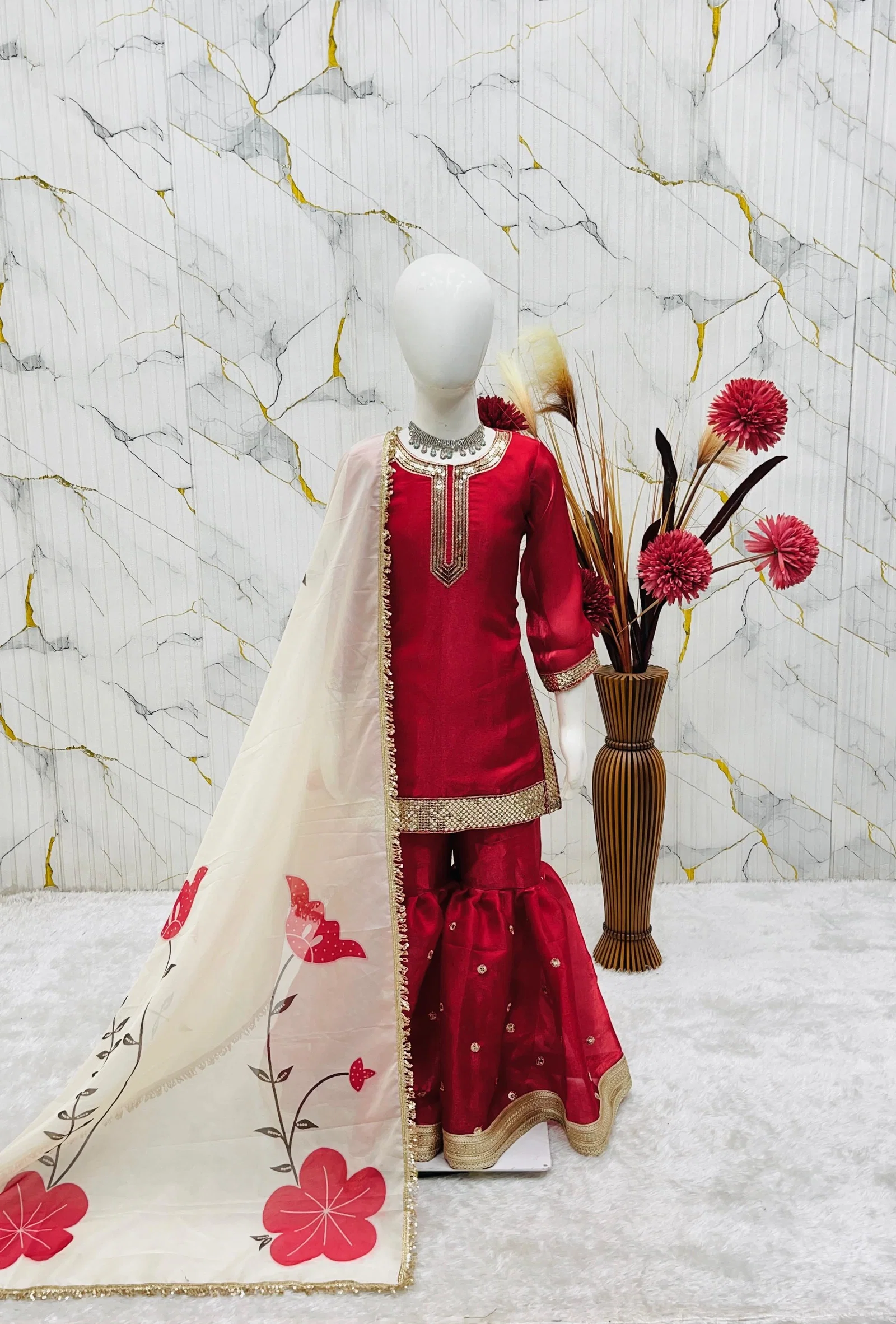 OC 240 Fendi Silk Kids Top With Sharara And Dupatta Set Collection 