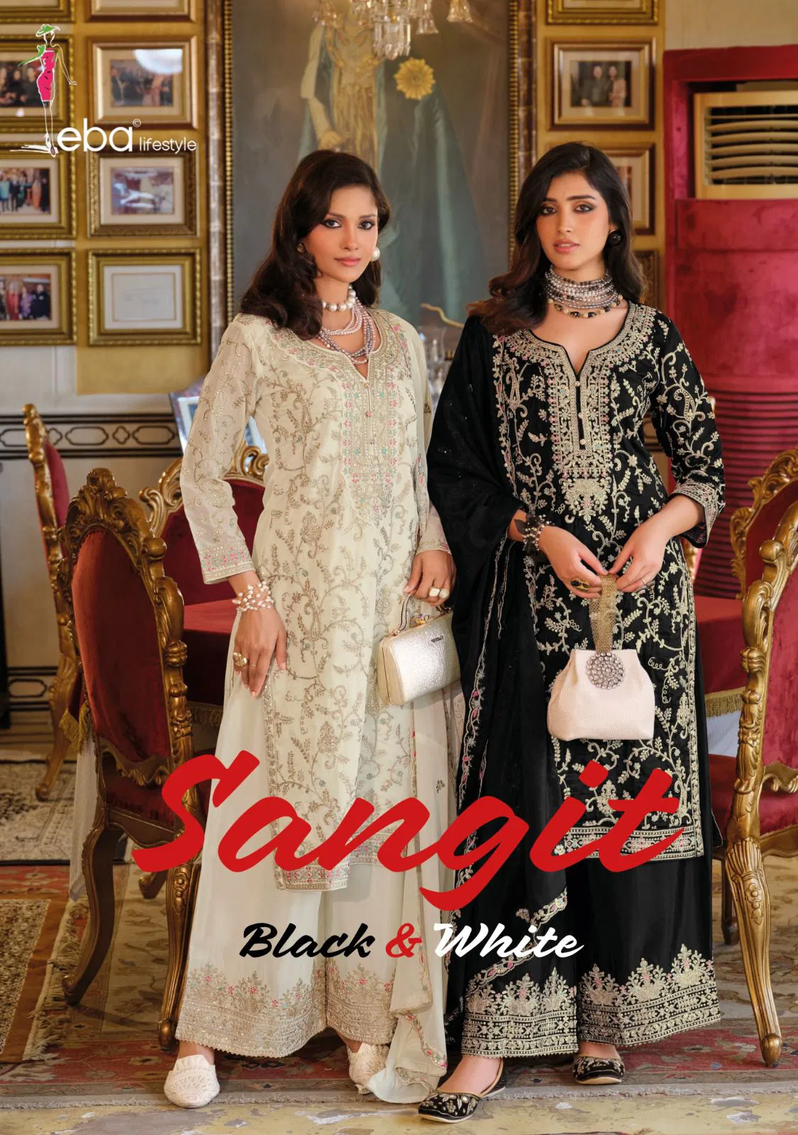 Eba Sangit Black And White Chinon Embroidery Top Bottom And Dupatta Collection 