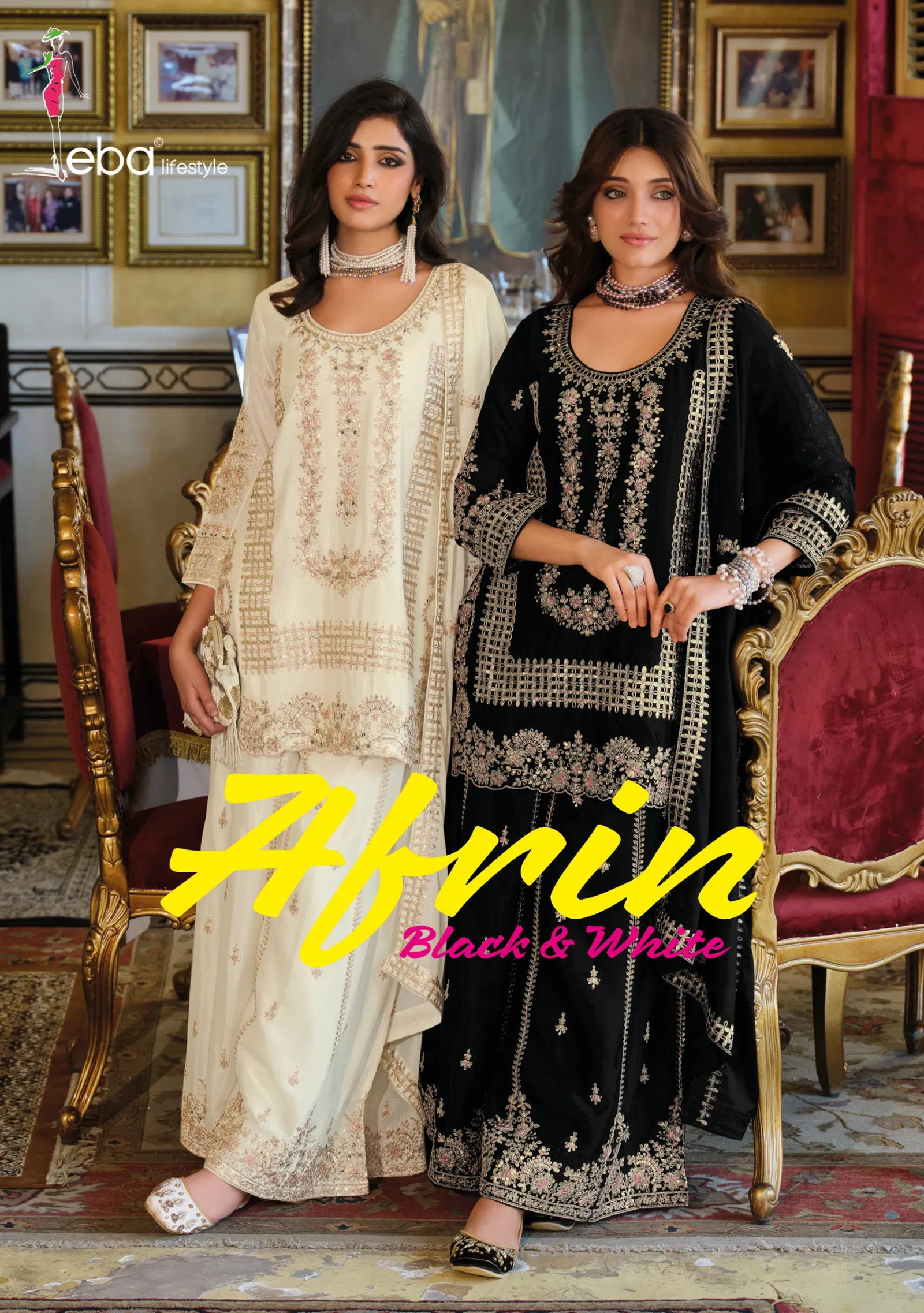 Eba Afrin Black And White Chinon Embroidery Work Top Bottom And Dupatta Collection 