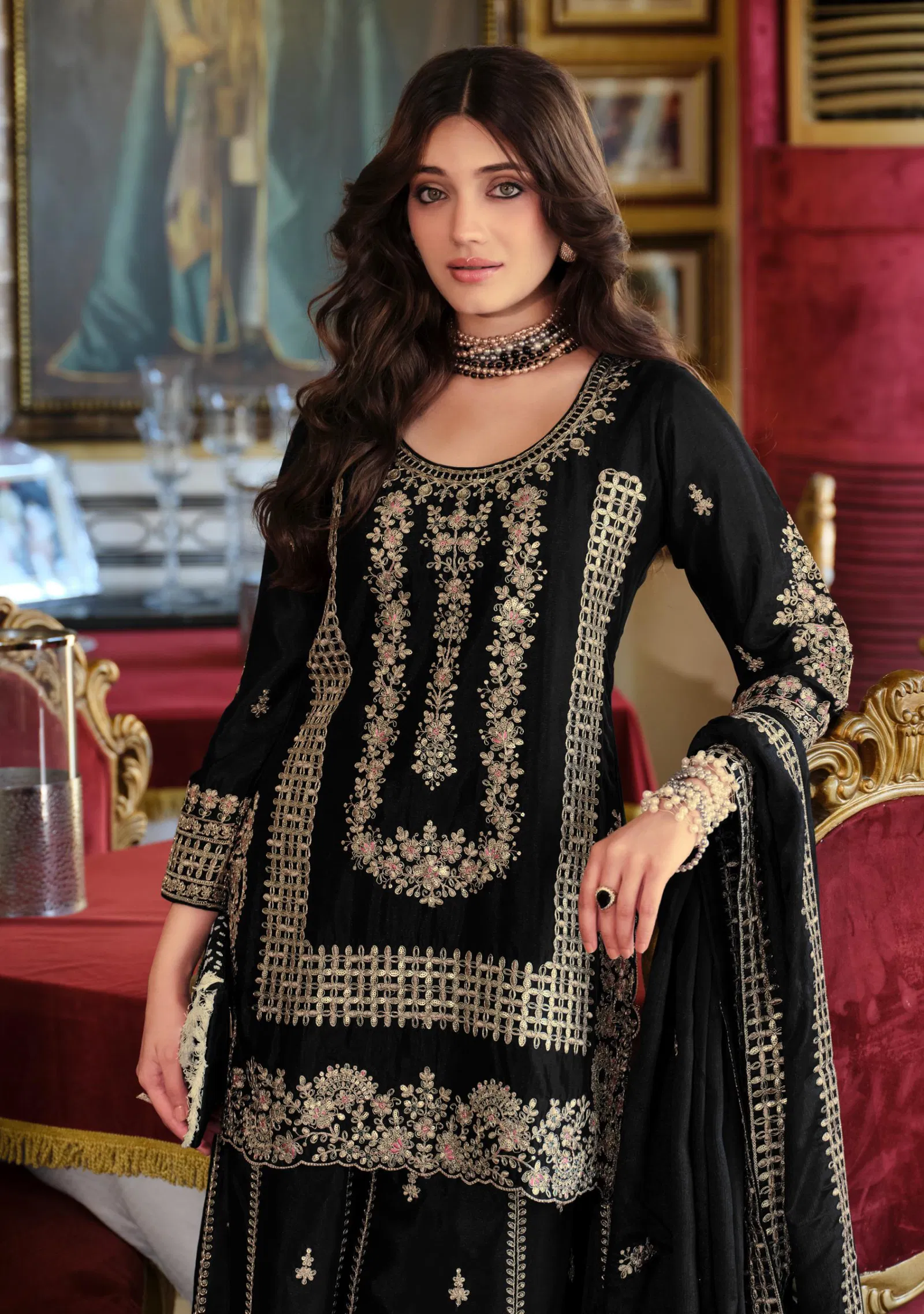 Eba Afrin Black And White Chinon Embroidery Work Top Bottom And Dupatta Collection 