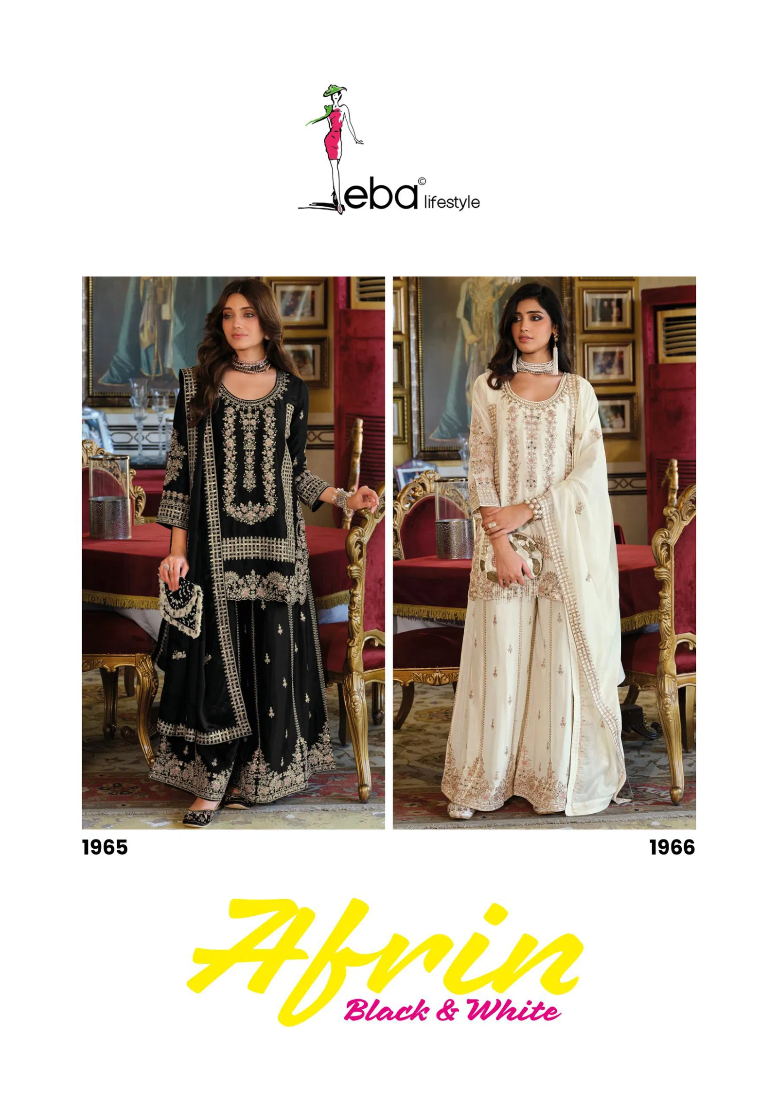 Eba Afrin Black And White Chinon Embroidery Work Top Bottom And Dupatta Collection 