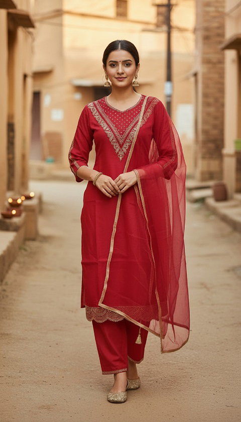 Navya Kurti 215 Party Wear Embroidery Worked Cotton Silk Kurti with Pant and Dupatta Set