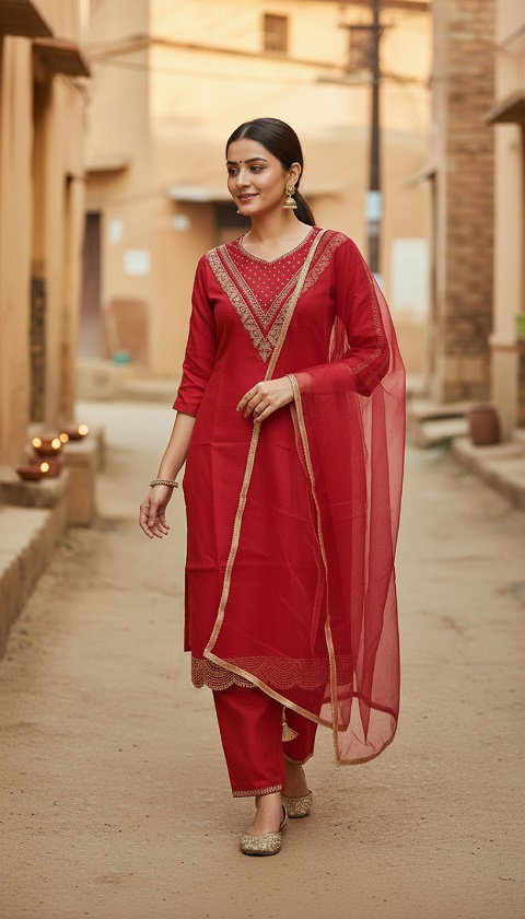 Navya Kurti 215 Party Wear Embroidery Worked Cotton Silk Kurti with Pant and Dupatta Set