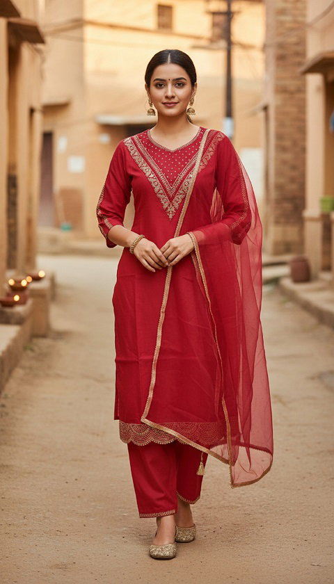 Navya Kurti 215 Party Wear Embroidery Worked Cotton Silk Kurti with Pant and Dupatta Set