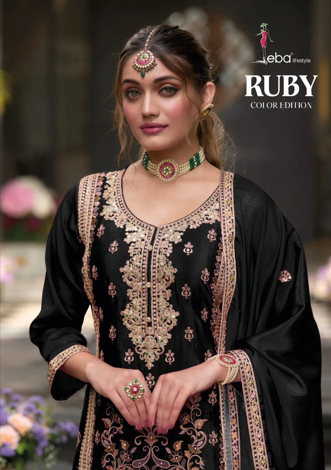 Eba Ruby Color Edition Chinon Embroidery Work Top Bottom And Dupatta