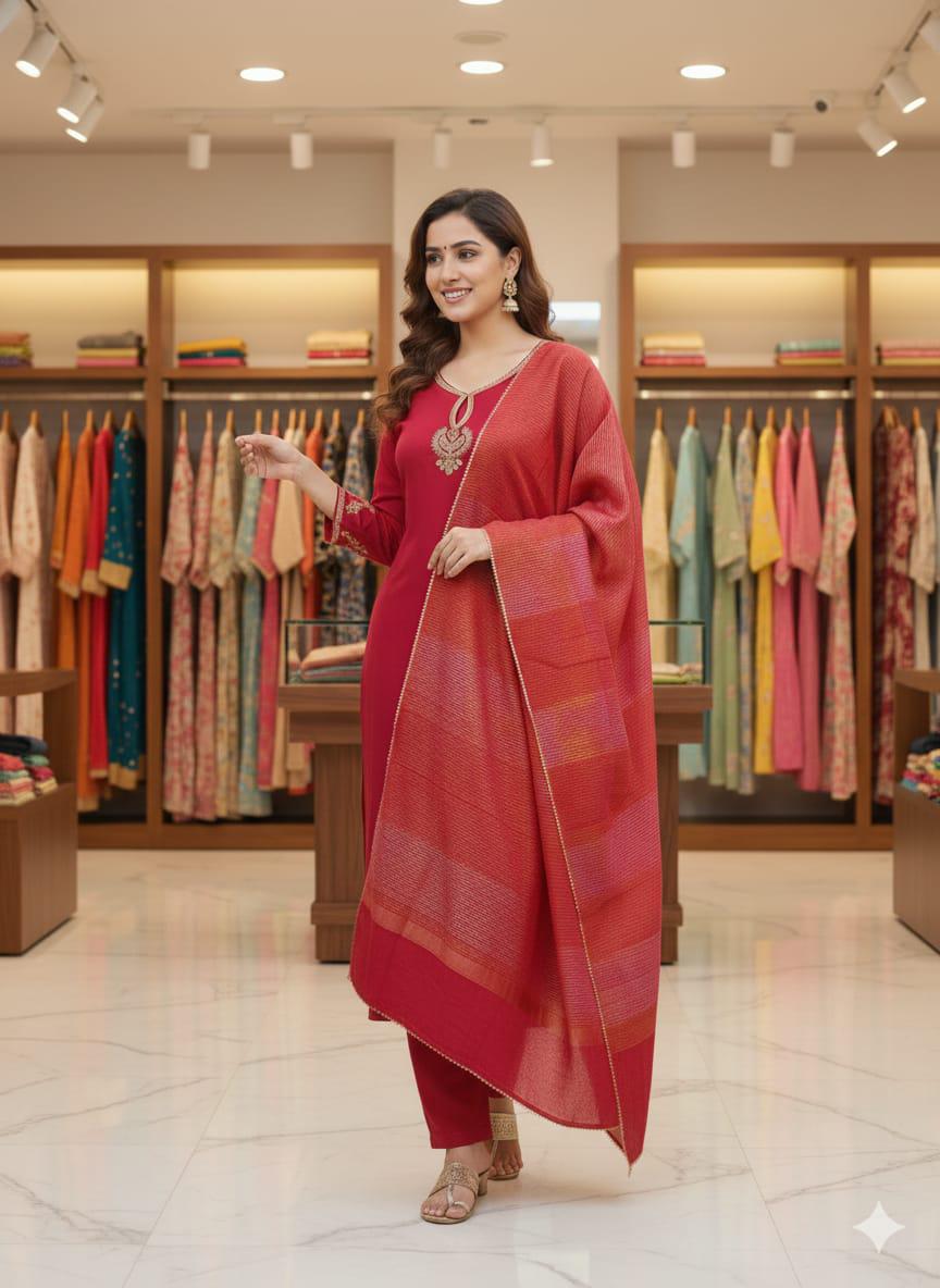 NCO 5 Pure Viscose Chanderi Sequins Coding Embroidery Kurti Bottom With Dupatta