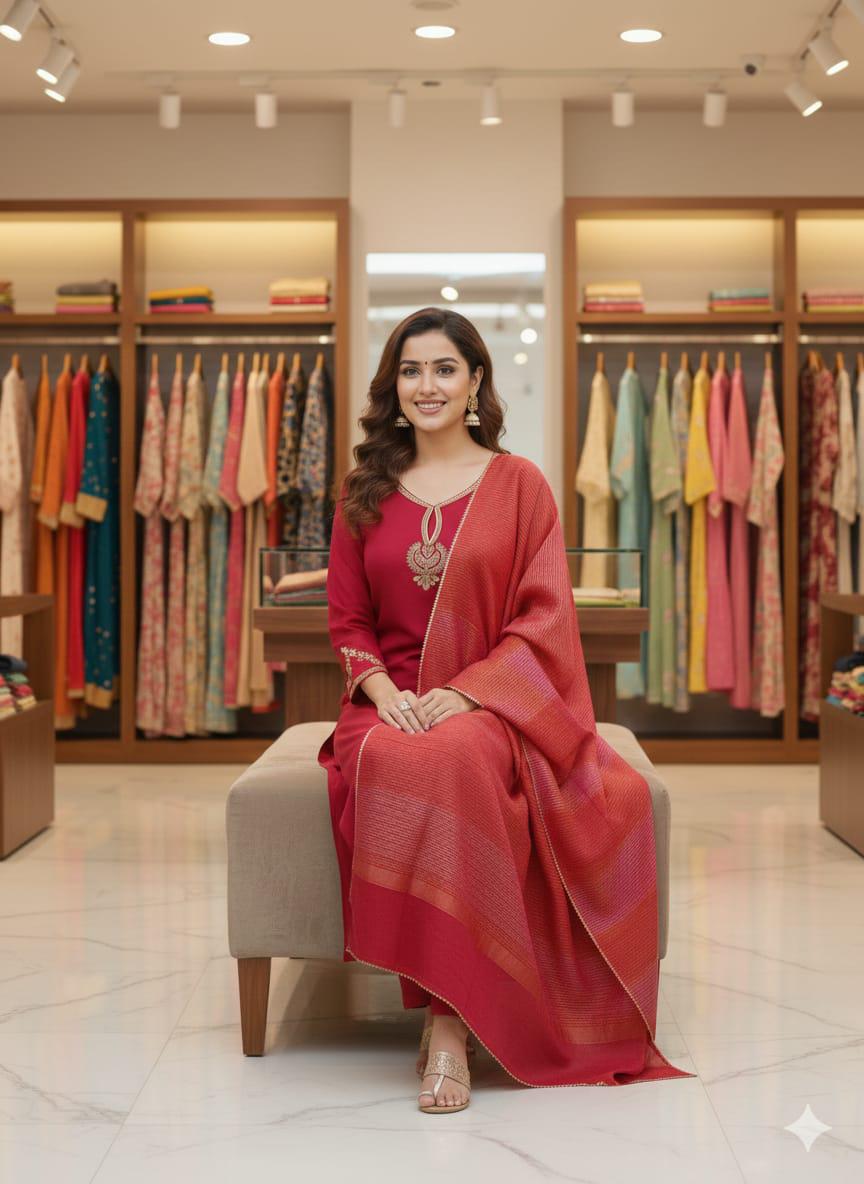 NCO 5 Pure Viscose Chanderi Sequins Coding Embroidery Kurti Bottom With Dupatta