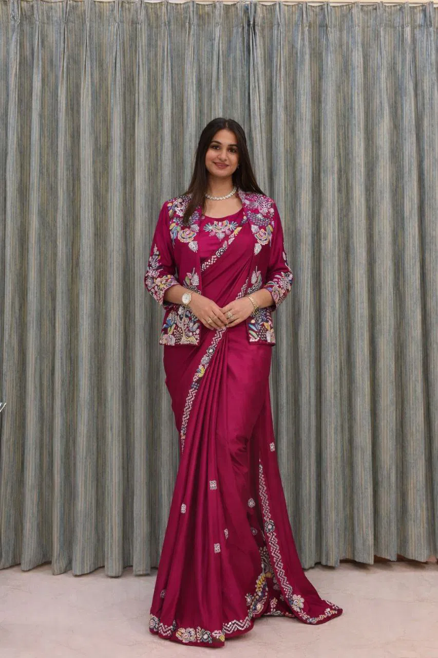 Bt 7142 Crep Satin Ready To Wear Saree With Koti Collection