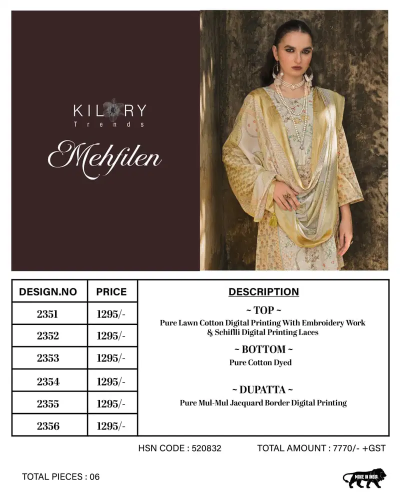 Kilory Mehfilen Lawn Cotton Digital Print With Embroidery Salwar Kameez