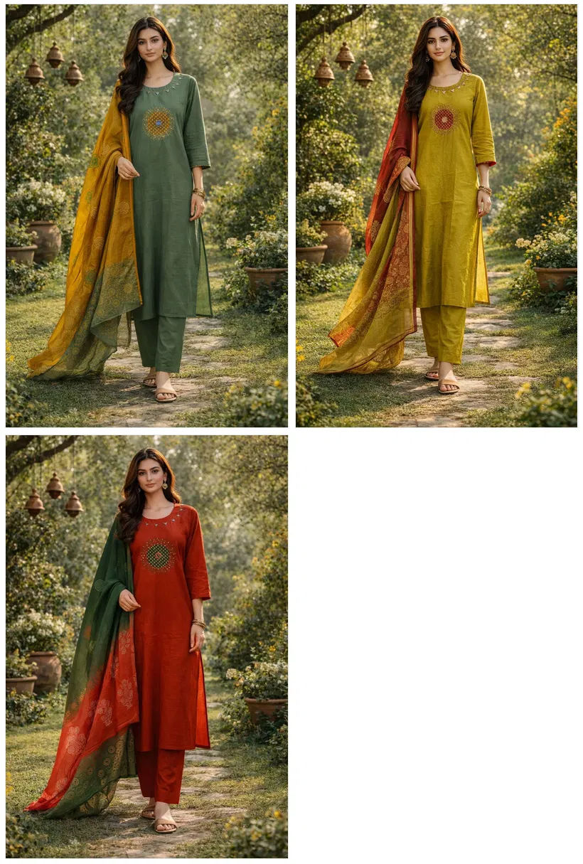 Naisha K 657 Cotton With Work Festival Wear Kurti Pant And Dupatta