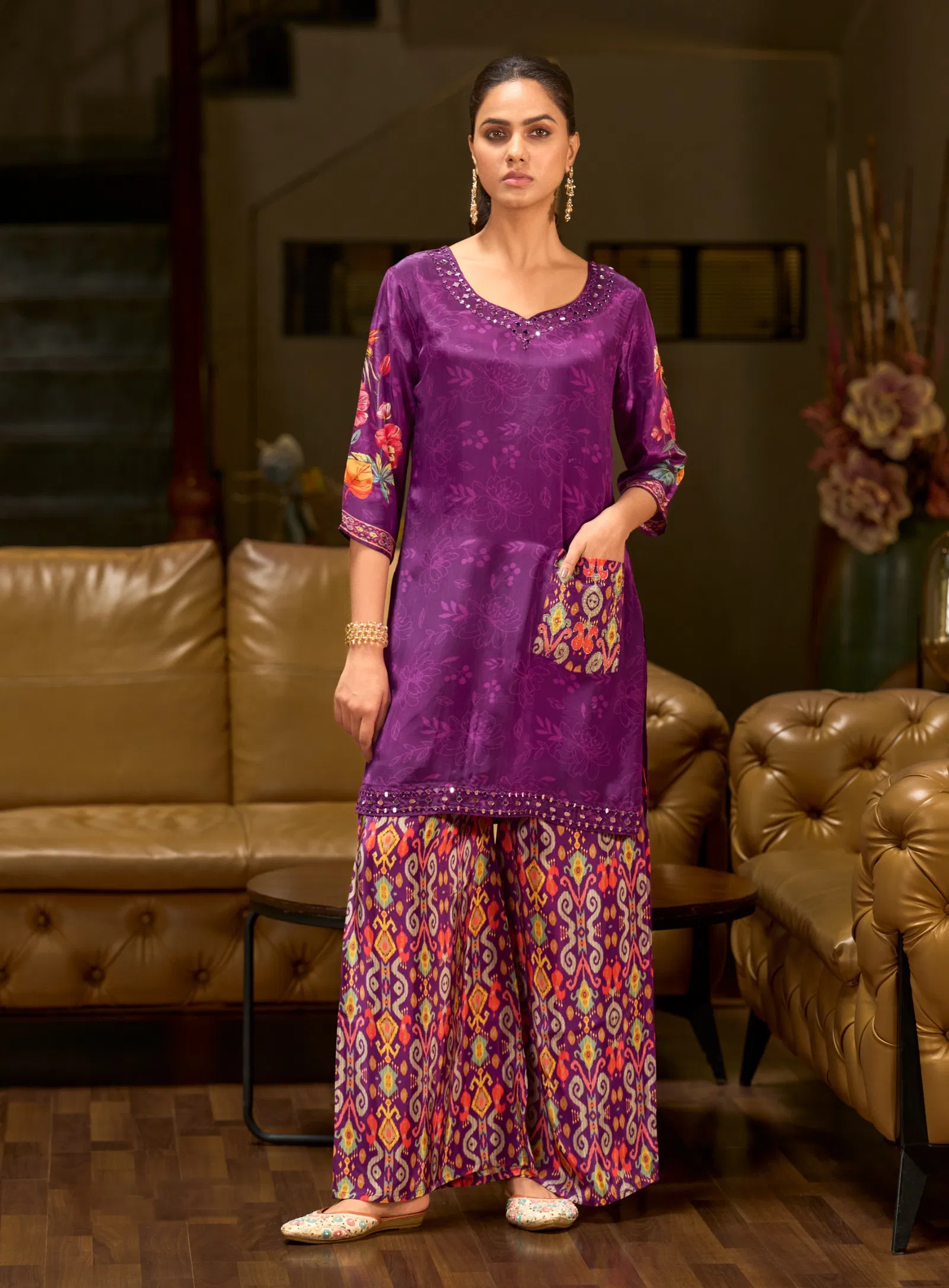 Naisha K 658 Crepe Print With Mirror Work Top And Bottom Collection