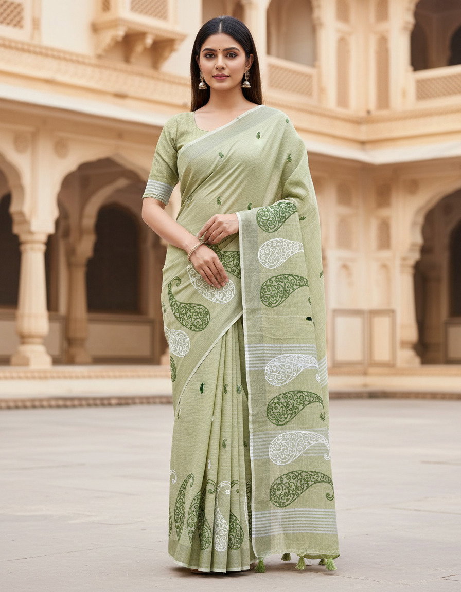 Mahek 214 Party Wear Embroidery Work Linen Cotton Saree with Un Stitched Blouse