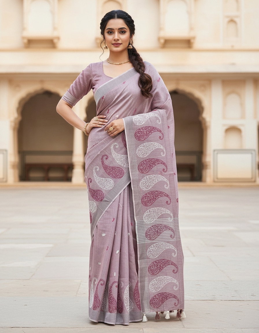 Mahek 214 Party Wear Embroidery Work Linen Cotton Saree with Un Stitched Blouse