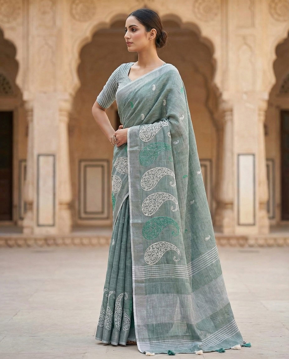 Mahek 214 Party Wear Embroidery Work Linen Cotton Saree with Un Stitched Blouse