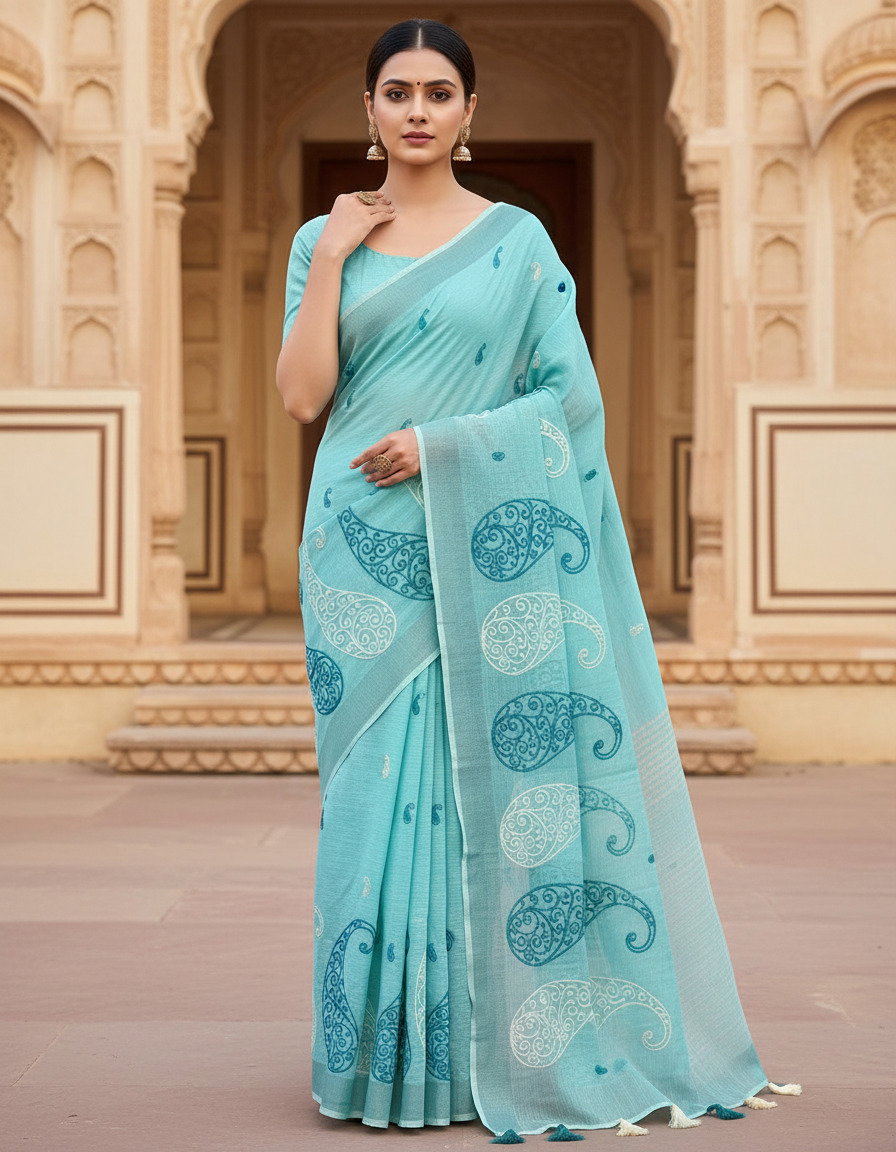 Mahek 214 Party Wear Embroidery Work Linen Cotton Saree with Un Stitched Blouse