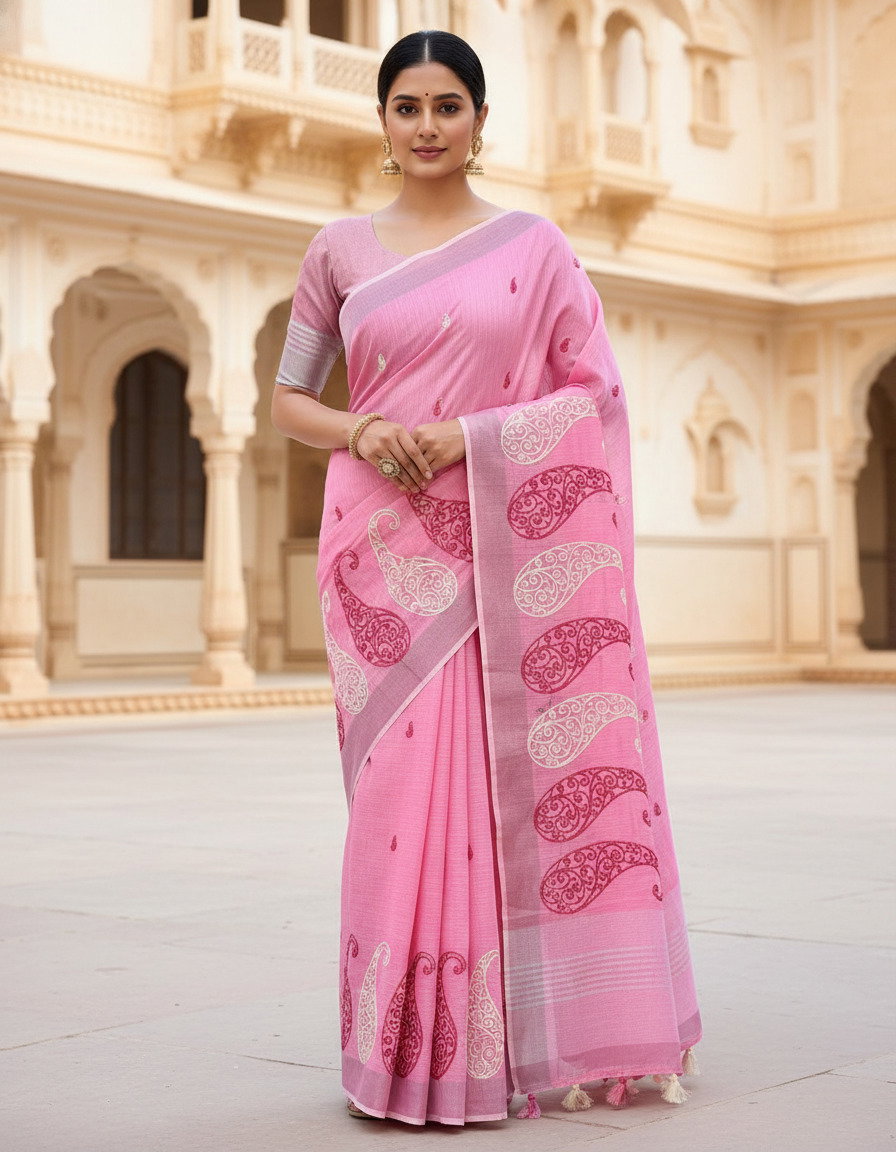 Mahek 214 Party Wear Embroidery Work Linen Cotton Saree with Un Stitched Blouse