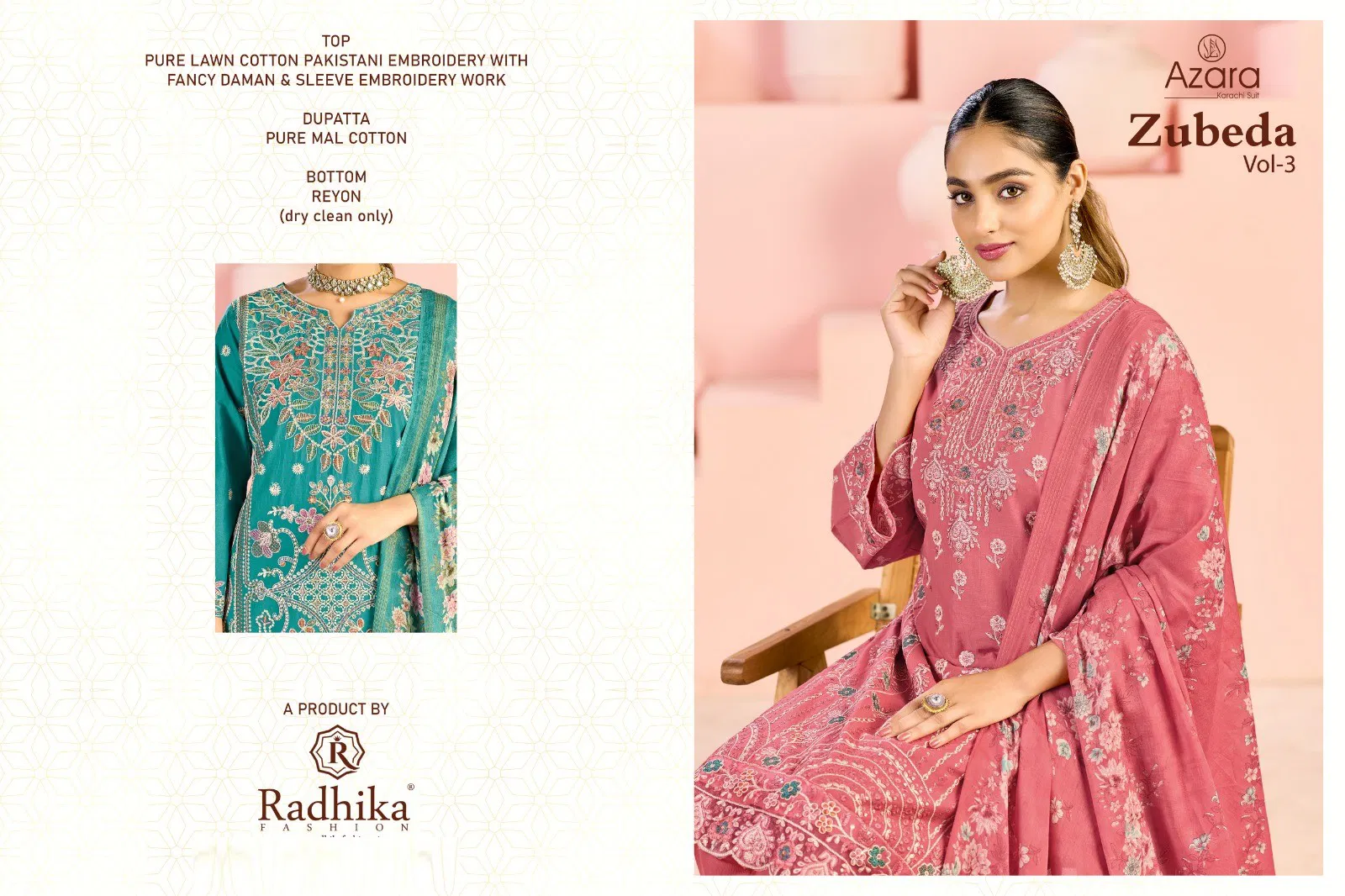 Radhika Azara Zubeda Vol 3 Lawn Cotton With Embroidery Dress Material