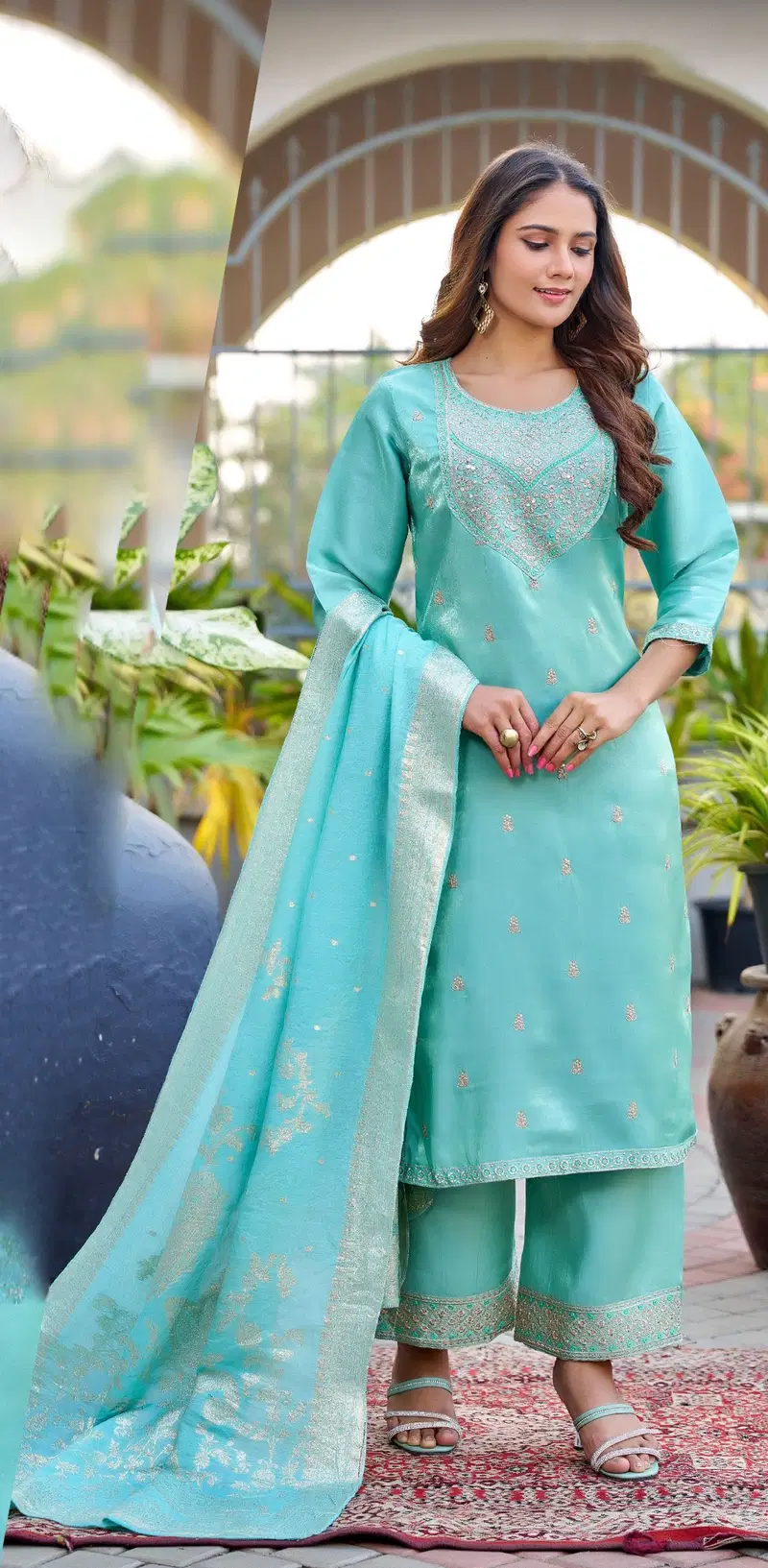 Naisha K 665 Roman Glass With Work Kurti Pant And Dupatta Collection