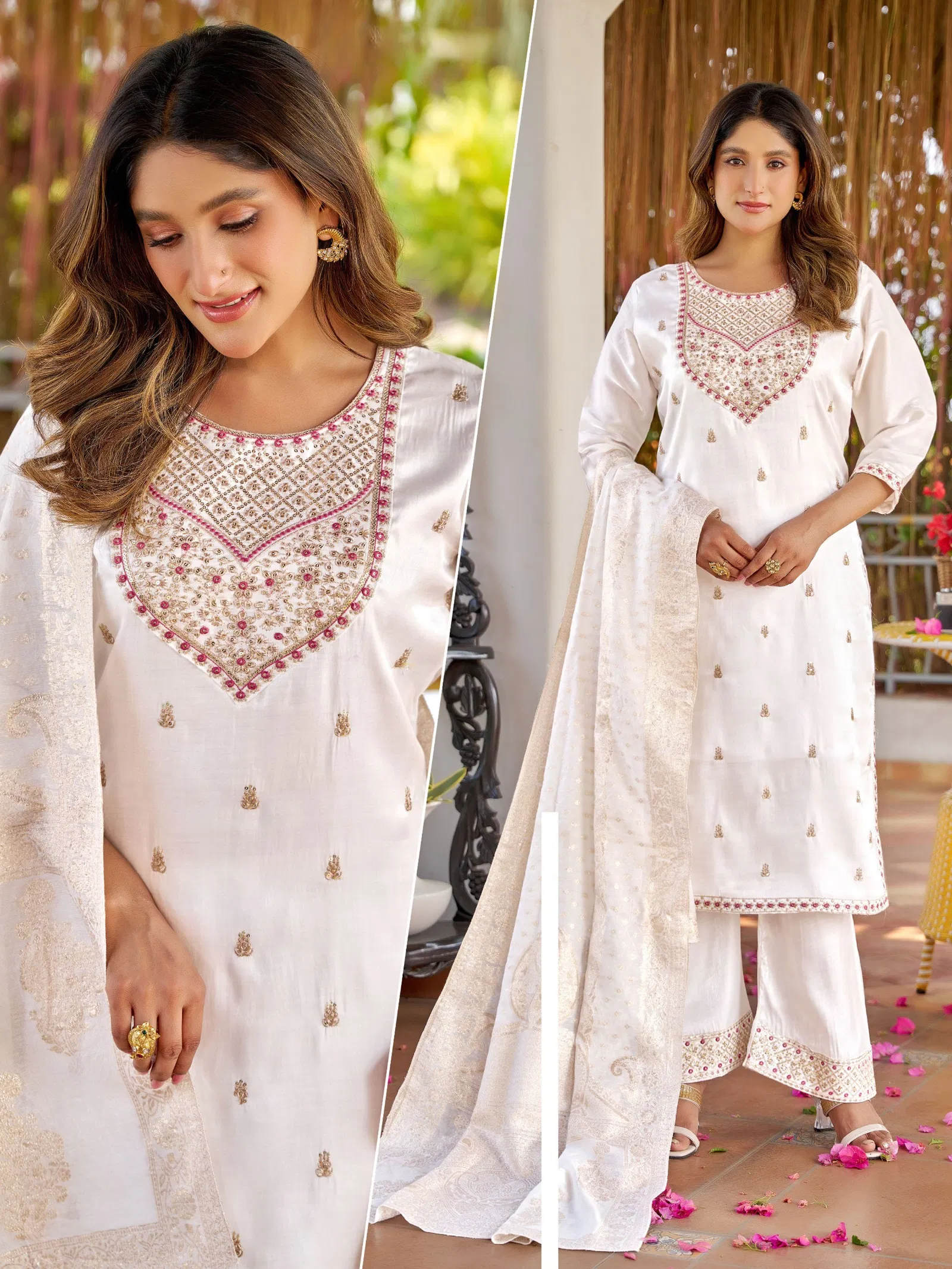 Naisha K 665 Roman Glass With Work Kurti Pant And Dupatta Collection