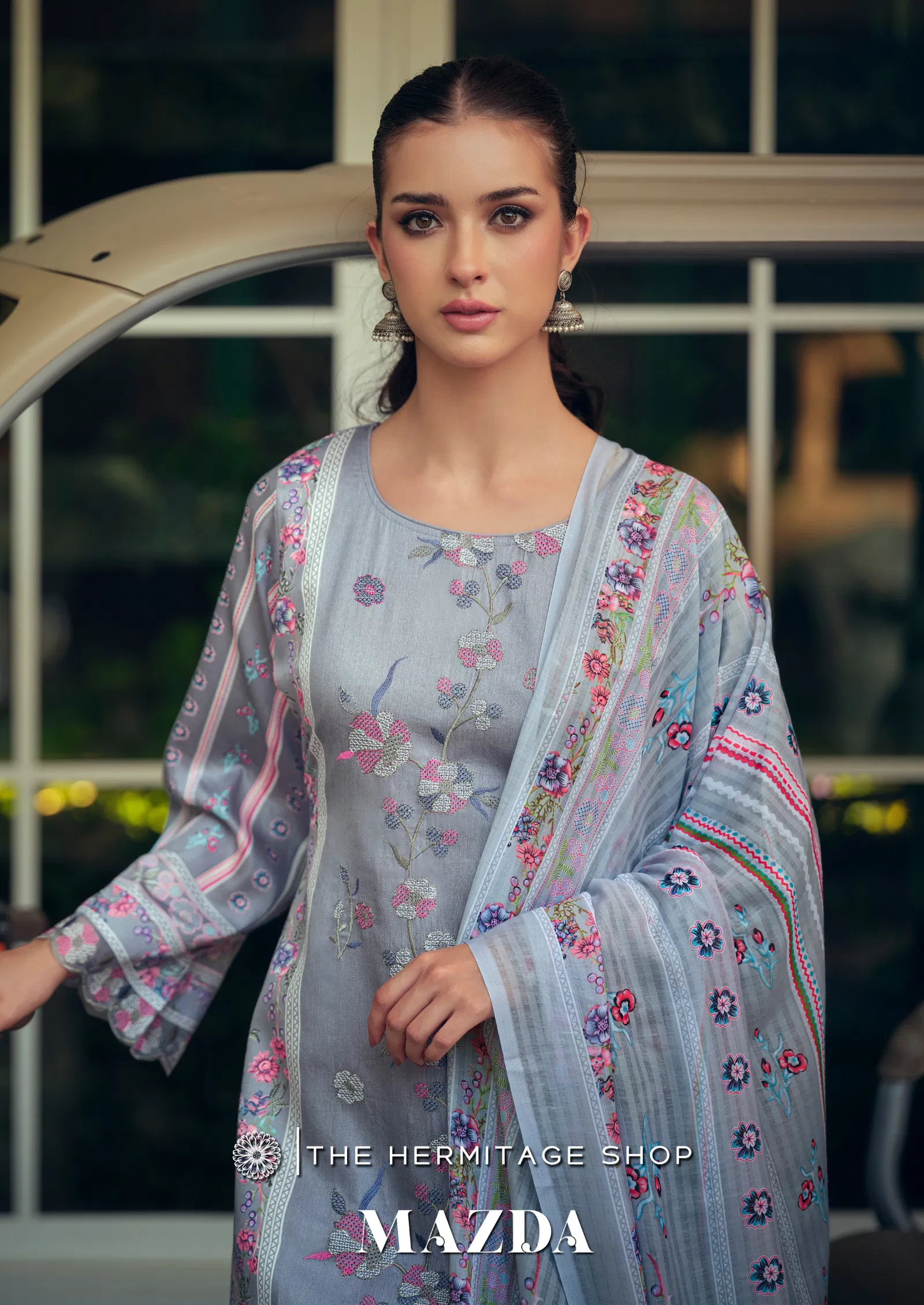 Hermitage Mazda Jam Satin With Threadwork Embroidery Dress Material