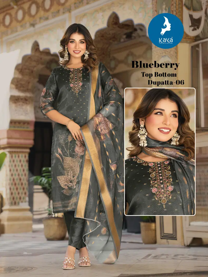 Kaya Blueberry Shimmer Butti With Work Kurti Pant And Dupatta Collection