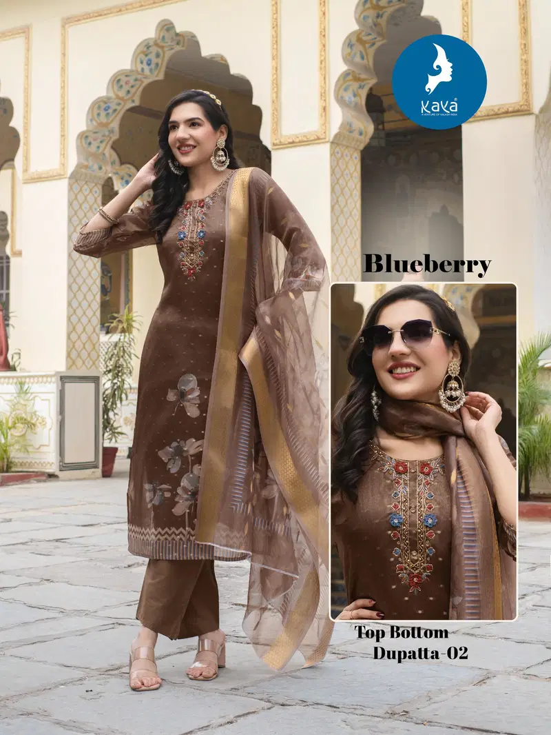 Kaya Blueberry Shimmer Butti With Work Kurti Pant And Dupatta Collection