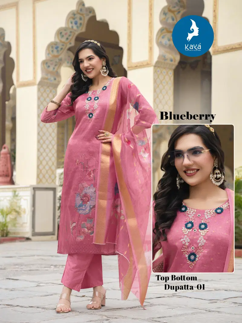 Kaya Blueberry Shimmer Butti With Work Kurti Pant And Dupatta Collection