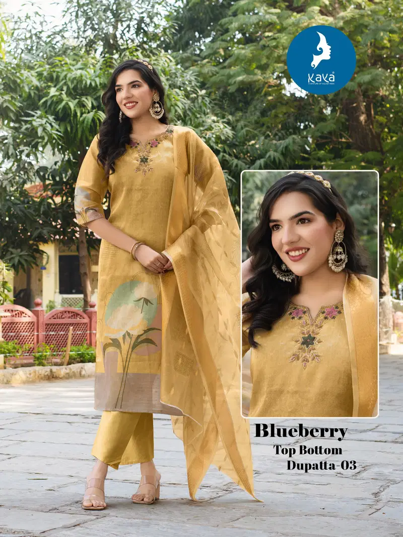 Kaya Blueberry Shimmer Butti With Work Kurti Pant And Dupatta Collection
