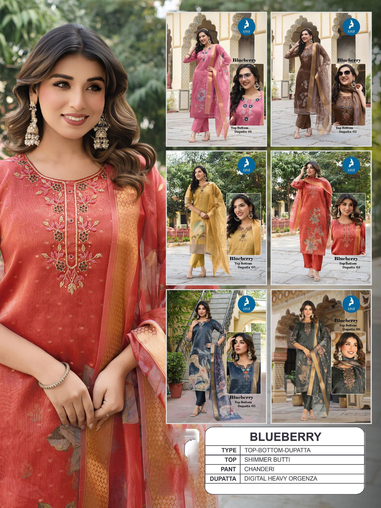 Kaya Blueberry Shimmer Butti With Work Kurti Pant And Dupatta Collection