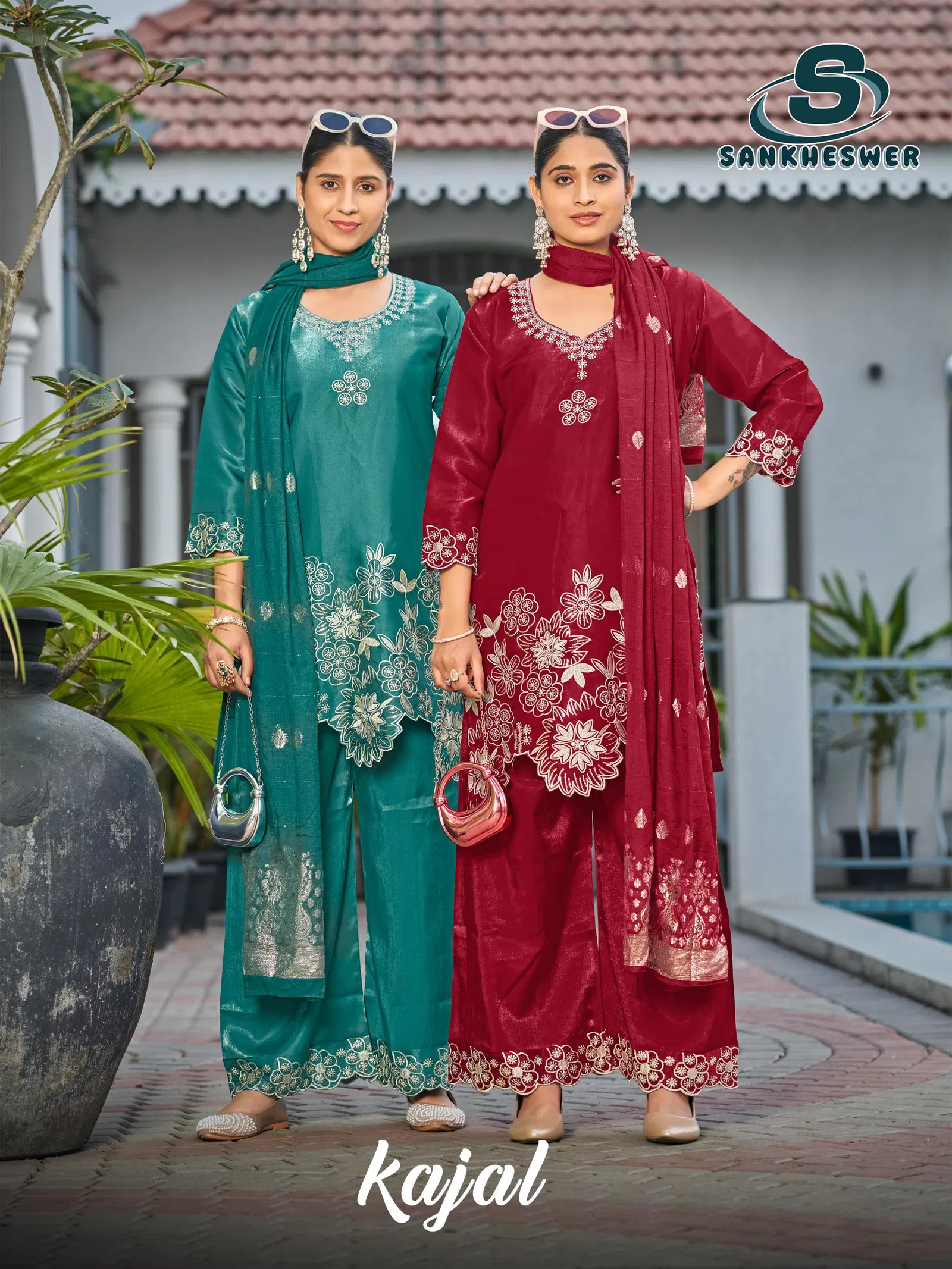 Sankheswer Kajal Roman Glass Silk With Fancy Work Top Bottom And Dupatta
