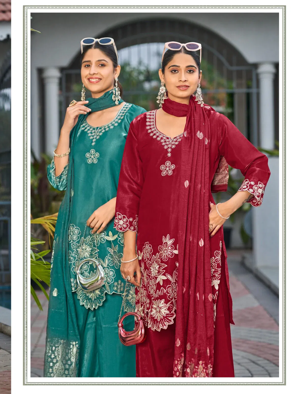 Sankheswer Kajal Roman Glass Silk With Fancy Work Top Bottom And Dupatta