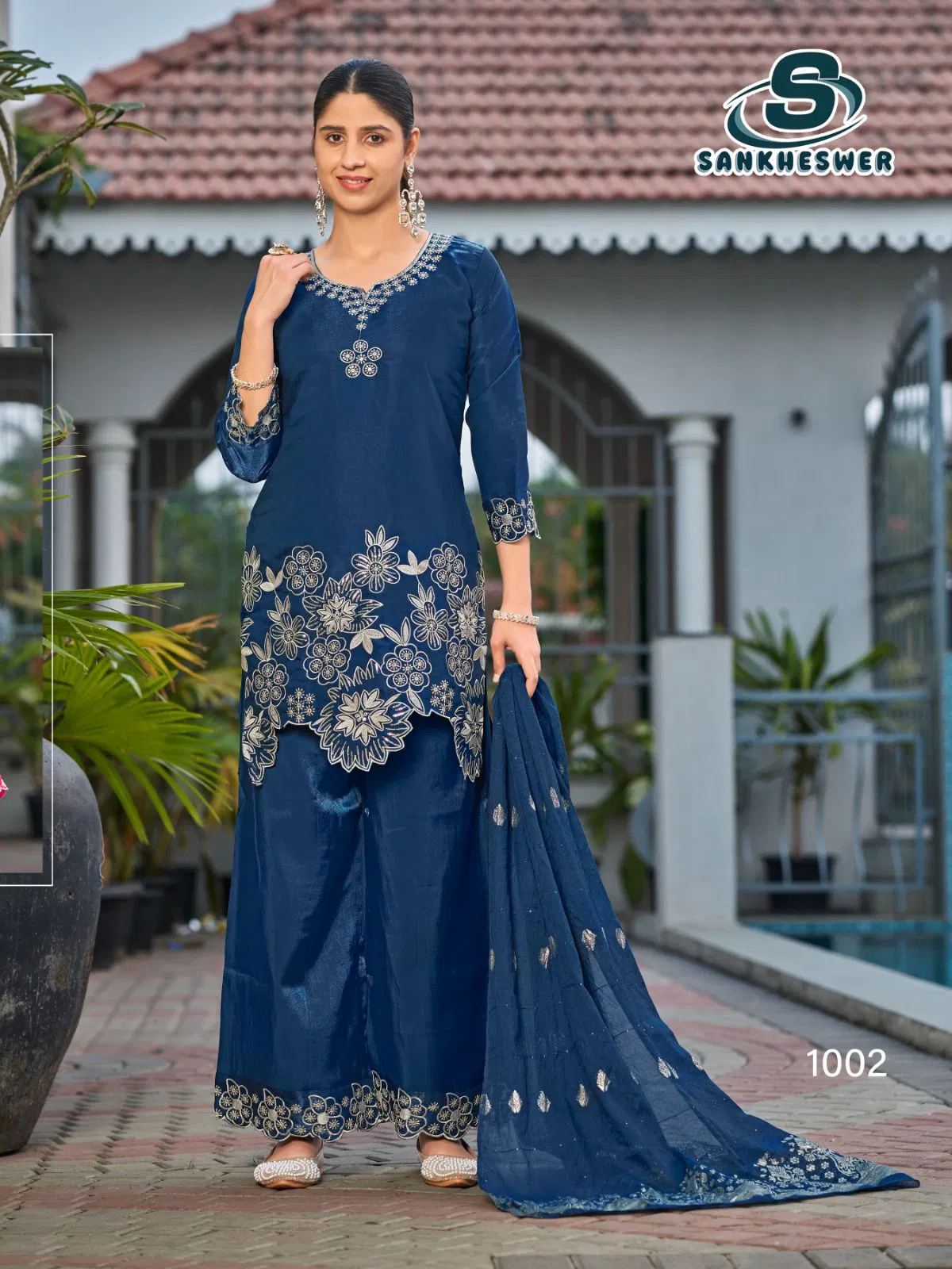 Sankheswer Kajal Roman Glass Silk With Fancy Work Top Bottom And Dupatta