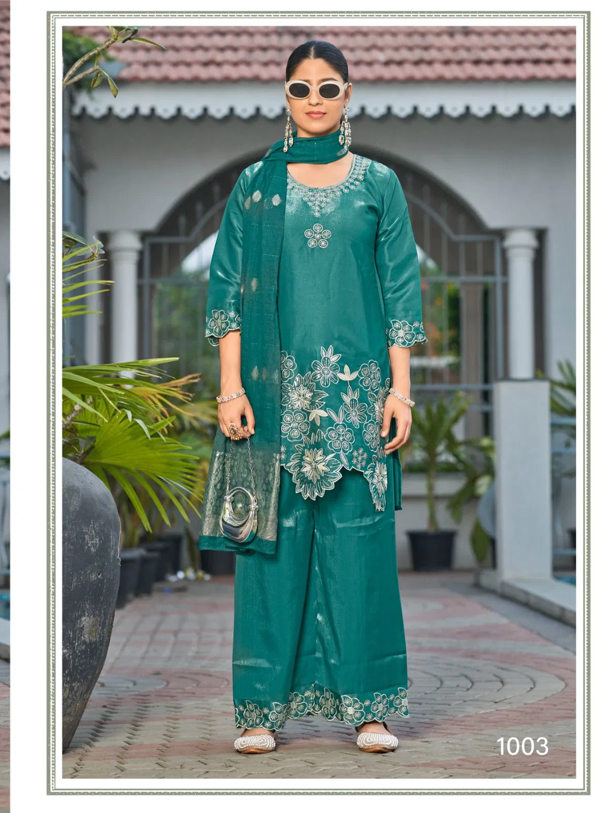 Sankheswer Kajal Roman Glass Silk With Fancy Work Top Bottom And Dupatta
