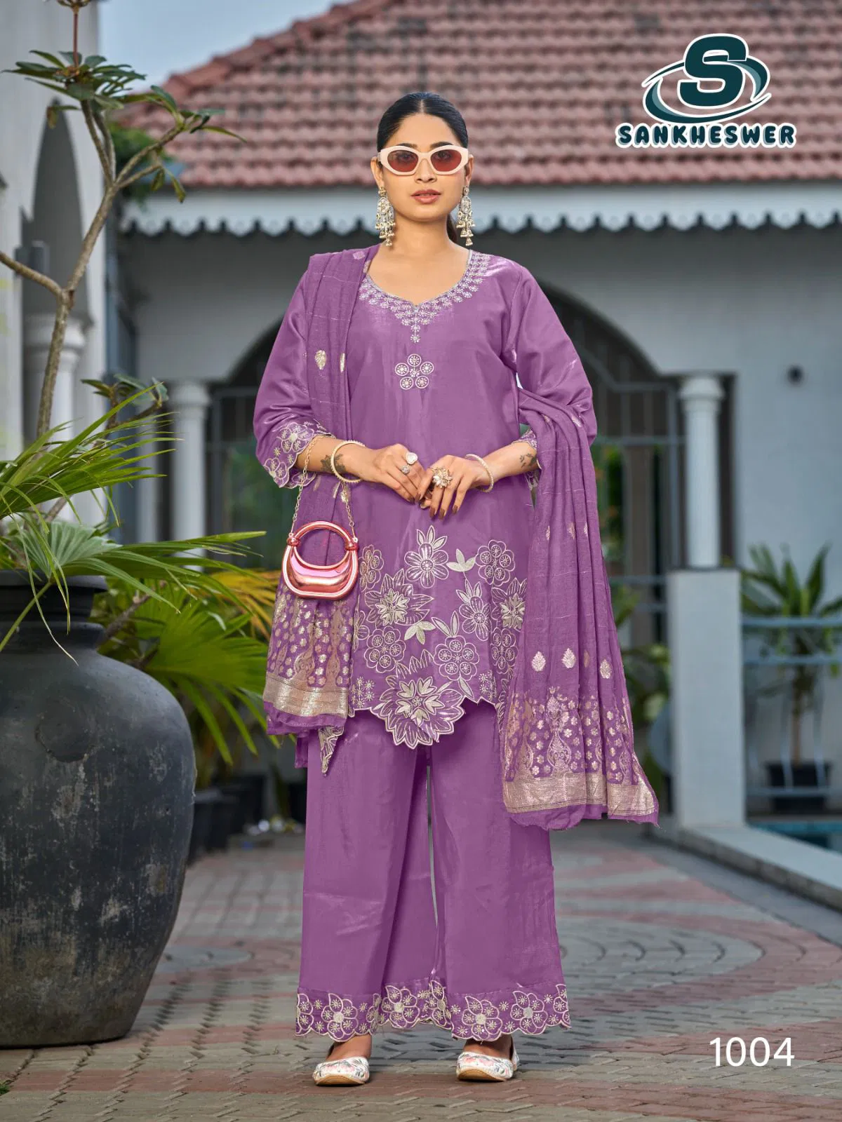 Sankheswer Kajal Roman Glass Silk With Fancy Work Top Bottom And Dupatta