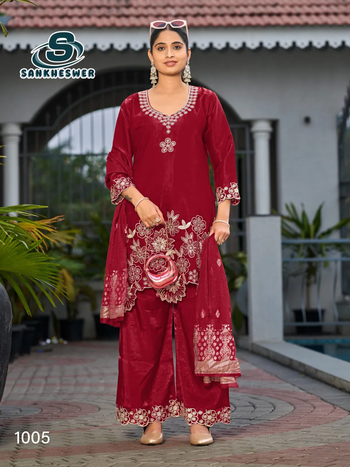 Sankheswer Kajal Roman Glass Silk With Fancy Work Top Bottom And Dupatta