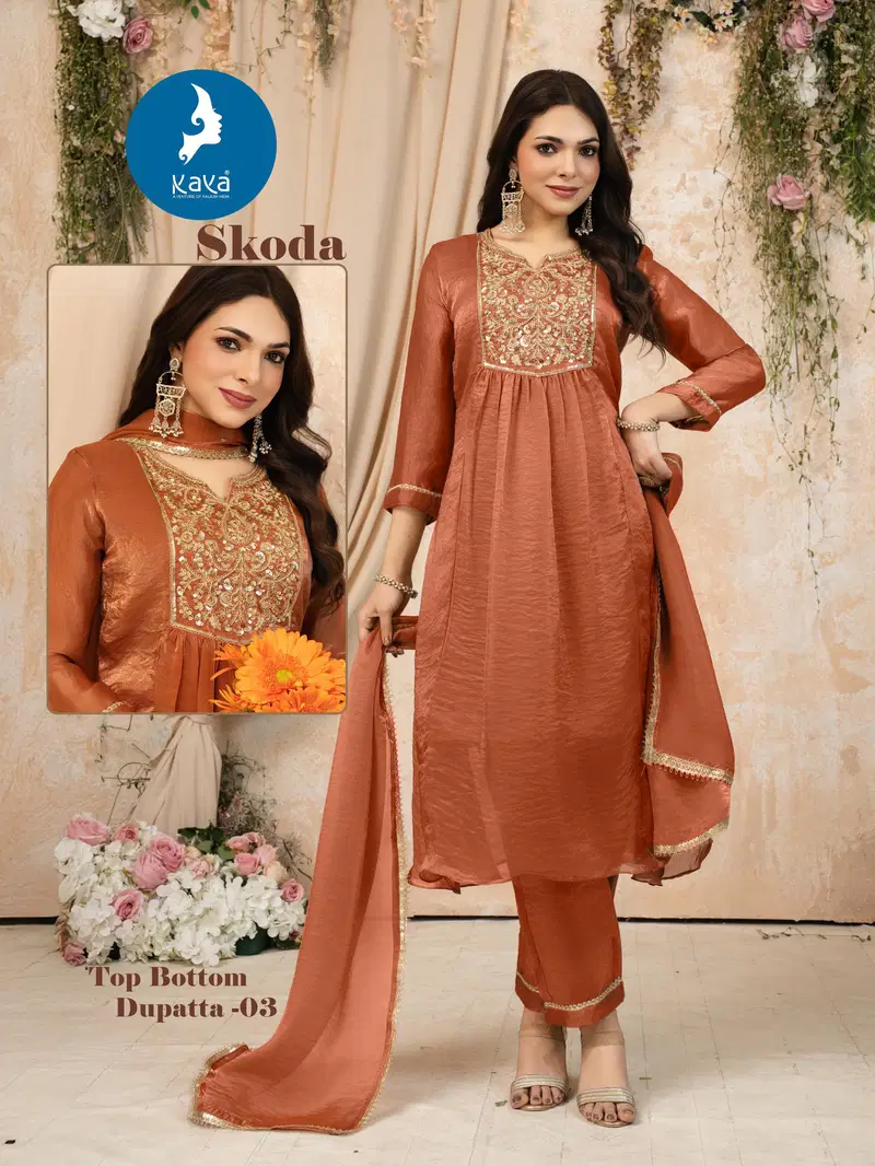 Kaya Skoda Fandy Silk With Work Festival Wear Kurti Pant And Dupatta