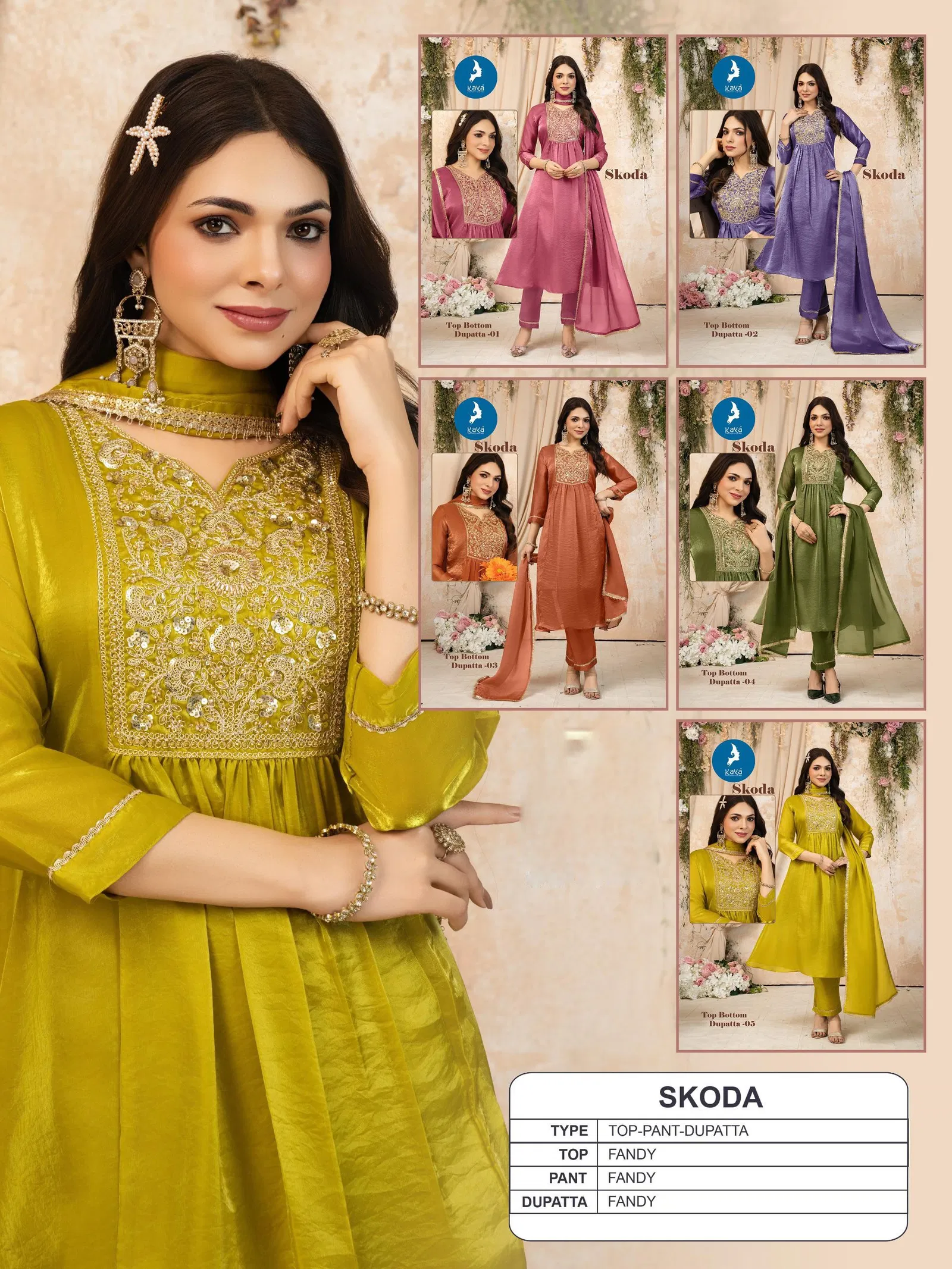 Kaya Skoda Fandy Silk With Work Festival Wear Kurti Pant And Dupatta