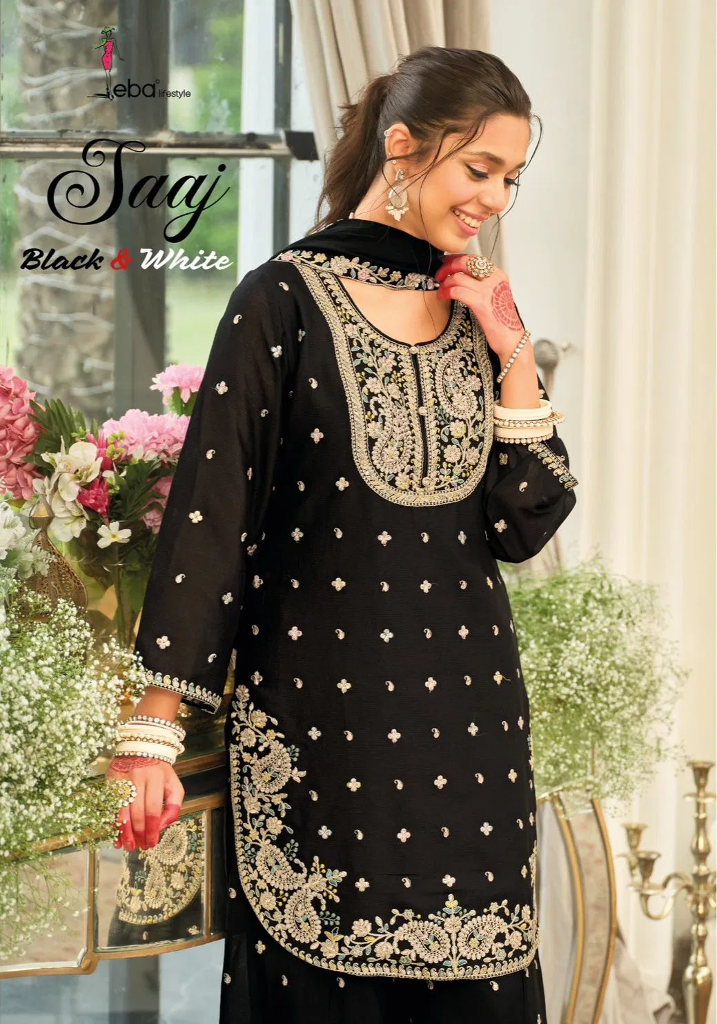 Eba Saaj Black And White Chinon With Embroidery Top Bottom And Dupatta