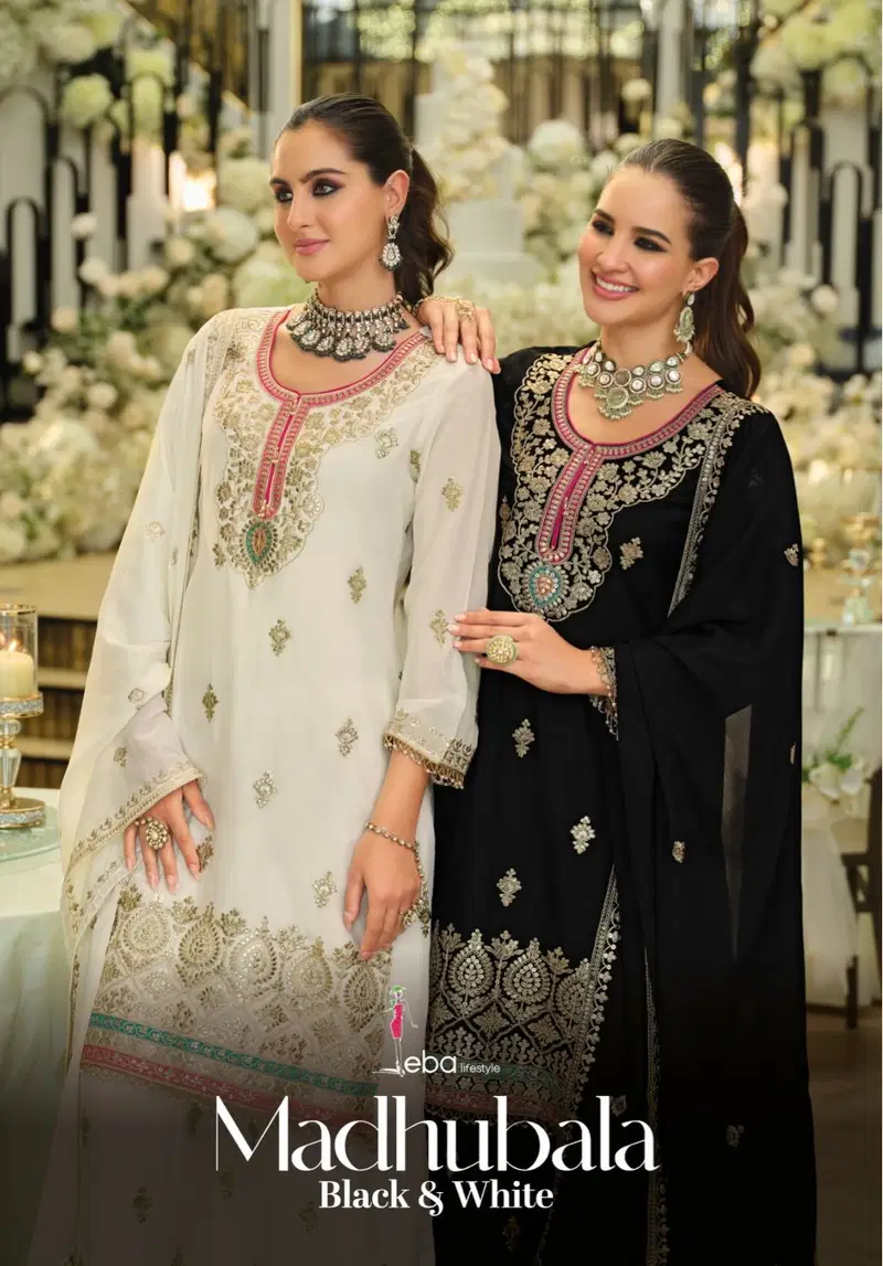 Eba Madhubala Black And White Chinon Embroidery Top Bottom And Dupatta