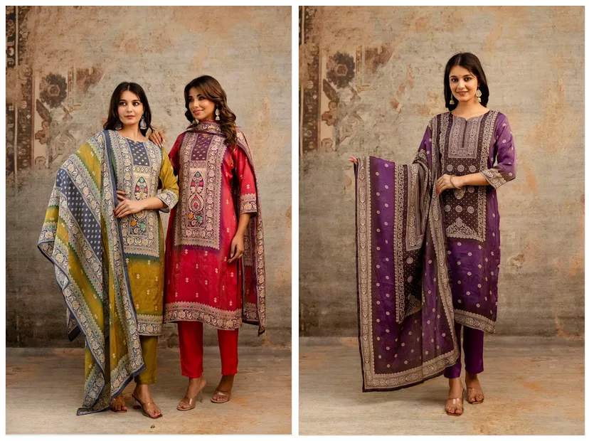 Naisha K 670 Muslin Shimmer With Work Kurti Pant And Dupatta Collection