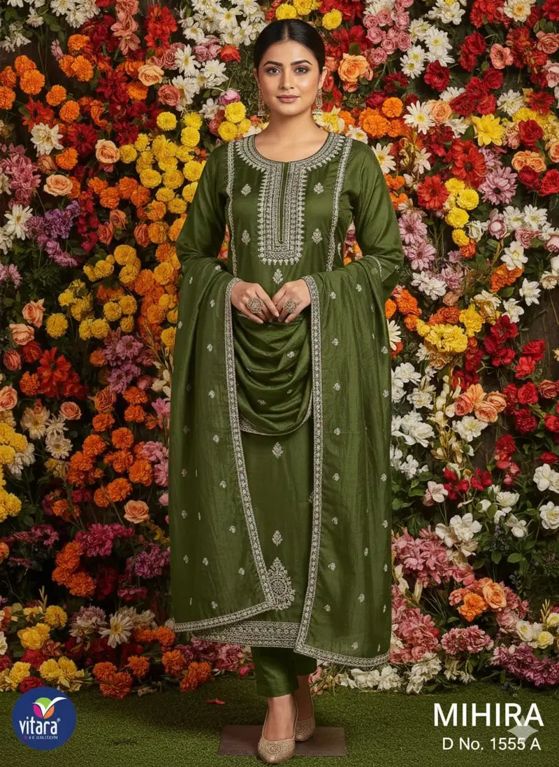 Vitara Mihira Pv Dobby With Embroidery Work Top Bottom And Dupatta