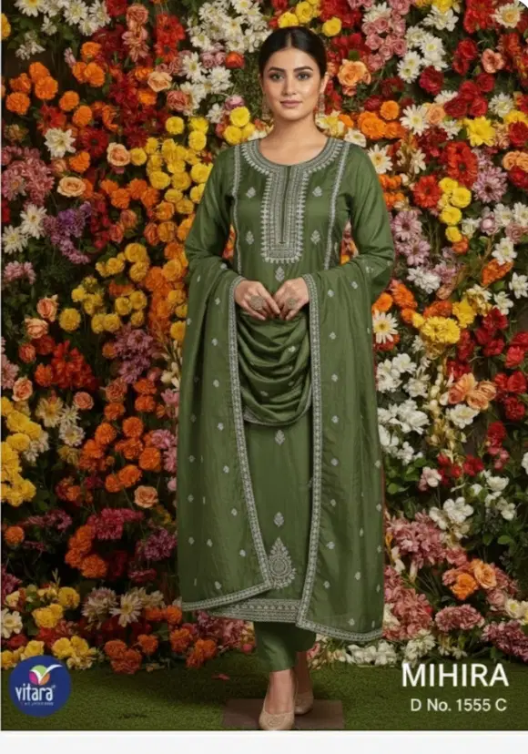 Vitara Mihira Pv Dobby With Embroidery Work Top Bottom And Dupatta