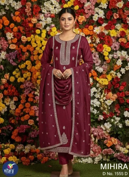 Vitara Mihira Pv Dobby With Embroidery Work Top Bottom And Dupatta
