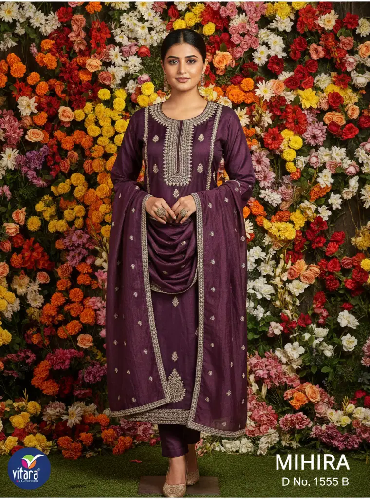Vitara Mihira Pv Dobby With Embroidery Work Top Bottom And Dupatta