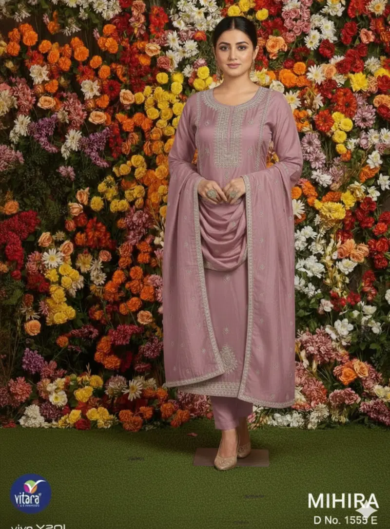 Vitara Mihira Pv Dobby With Embroidery Work Top Bottom And Dupatta