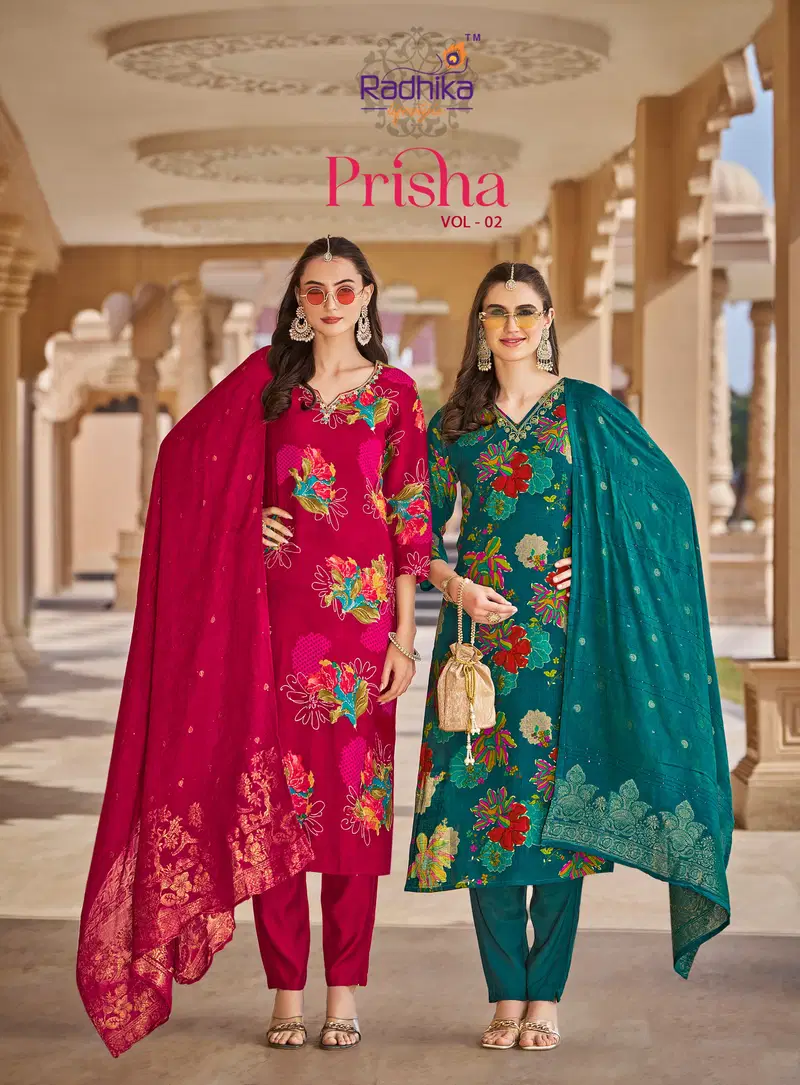 Radhika Prisha Vol 2 Milano Print With Handwork Top Bottom And Dupatta