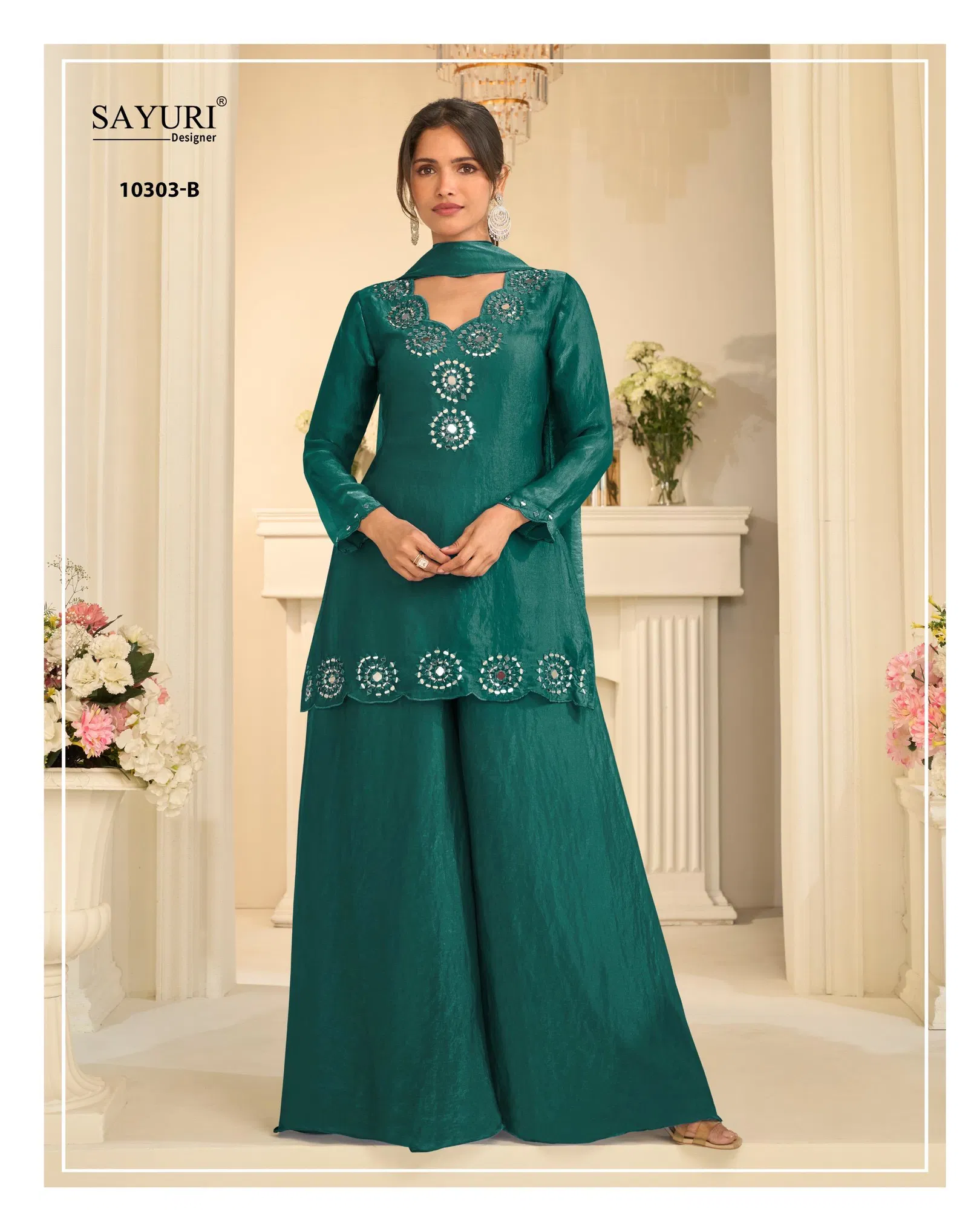 Sayuri Mirror 10303 A And B Tora Silk With Mirror Work Top Plazzo And Dupatta